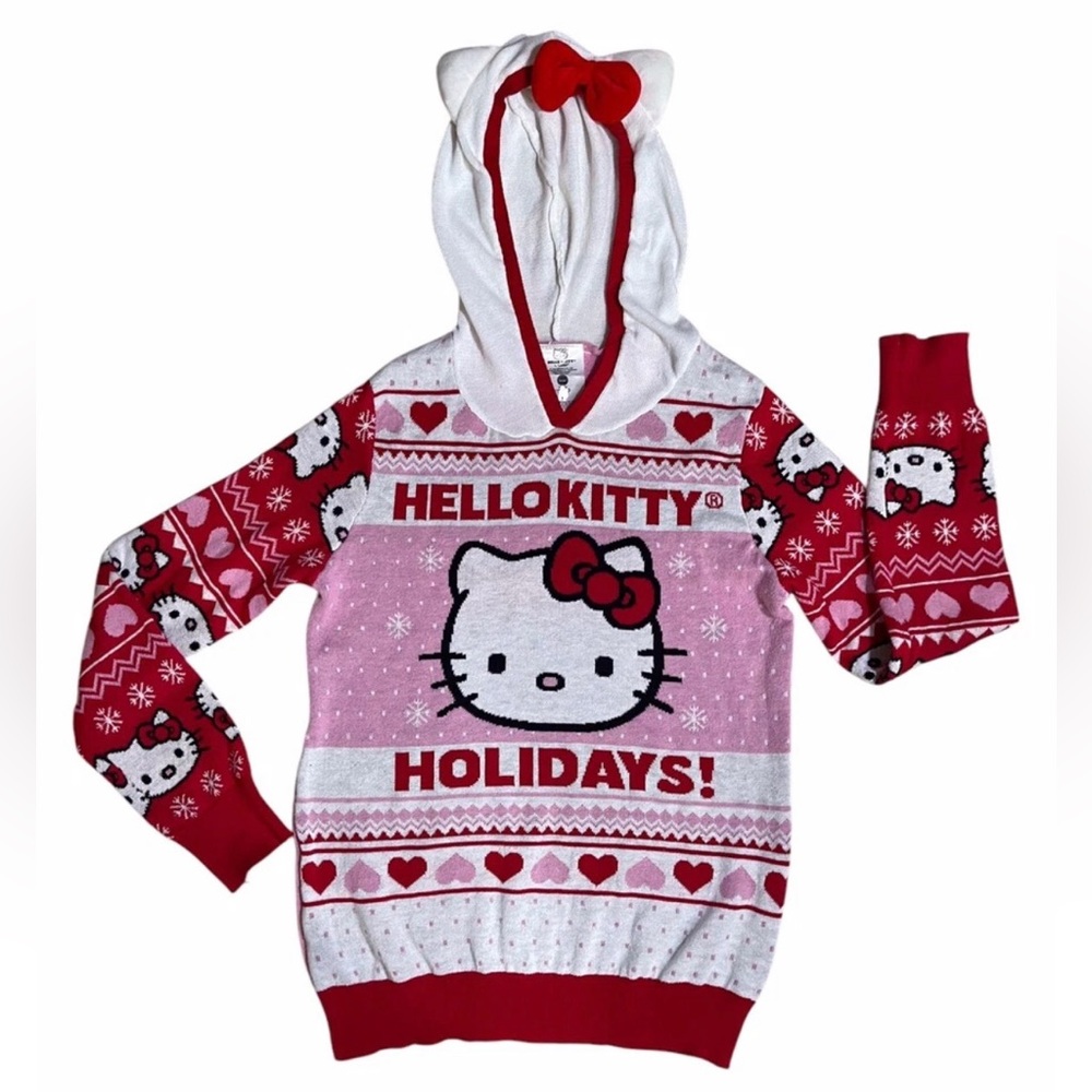 Sanrio Hello Kitty holiday hooded knit sweater girls size MEDIUM SO CUTE